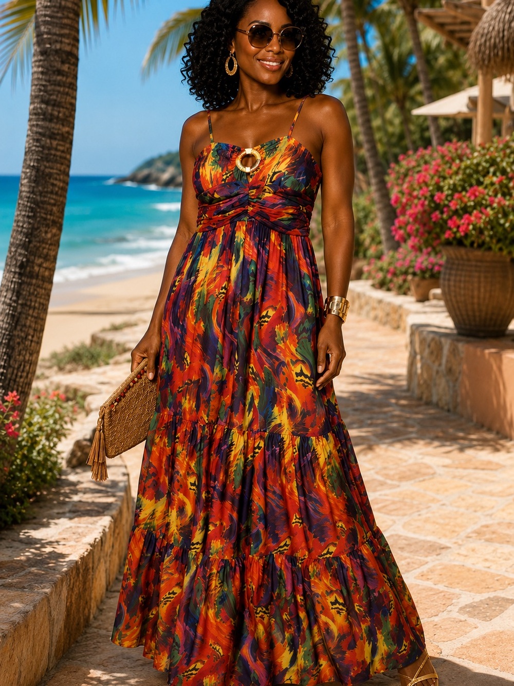 NWOT Spaghetti-Strap Maxi Dress in Fiery Multicolor Print